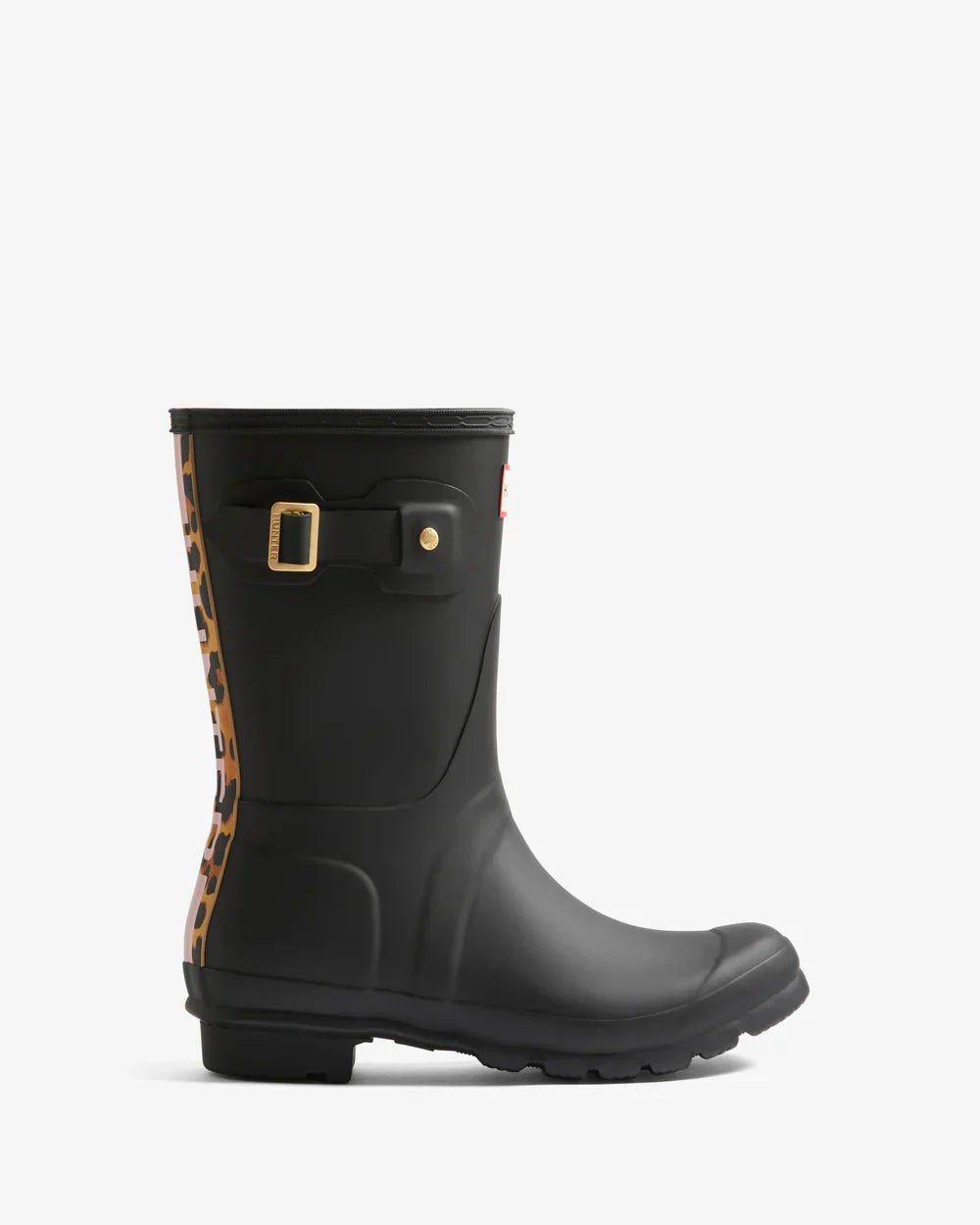 Hunter Women's black leopard print backstrap short wellington boot
